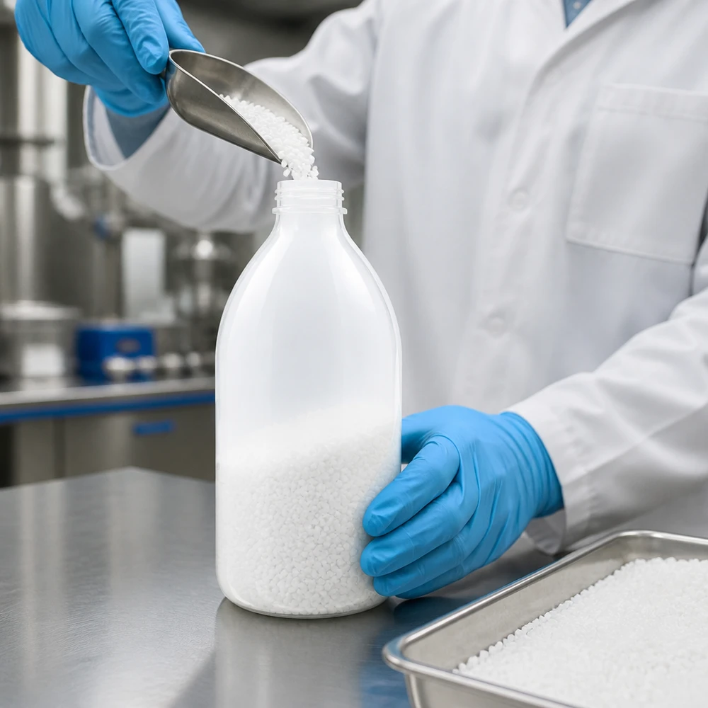 Frasco de laboratório de 500ml com gargalo estreito e sem tampa Um técnico de laboratório enche um frasco de laboratório de gargalo estreito, com 500 ml, sem tampa, com grânulos brancos