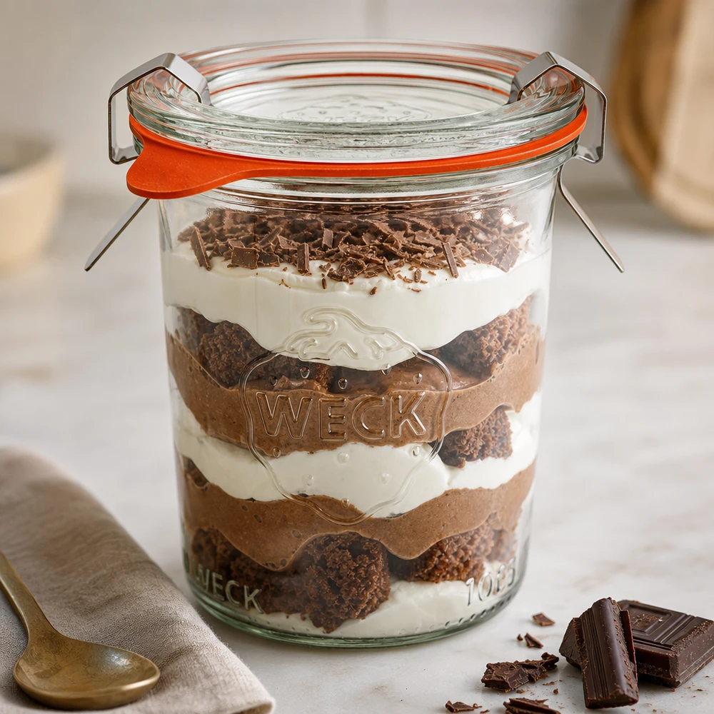 Os copos WECK 160ml RR60 cheios de sobremesa em camadas Tiramisu mostram a sua utilização versátil como frasco de sobremesa