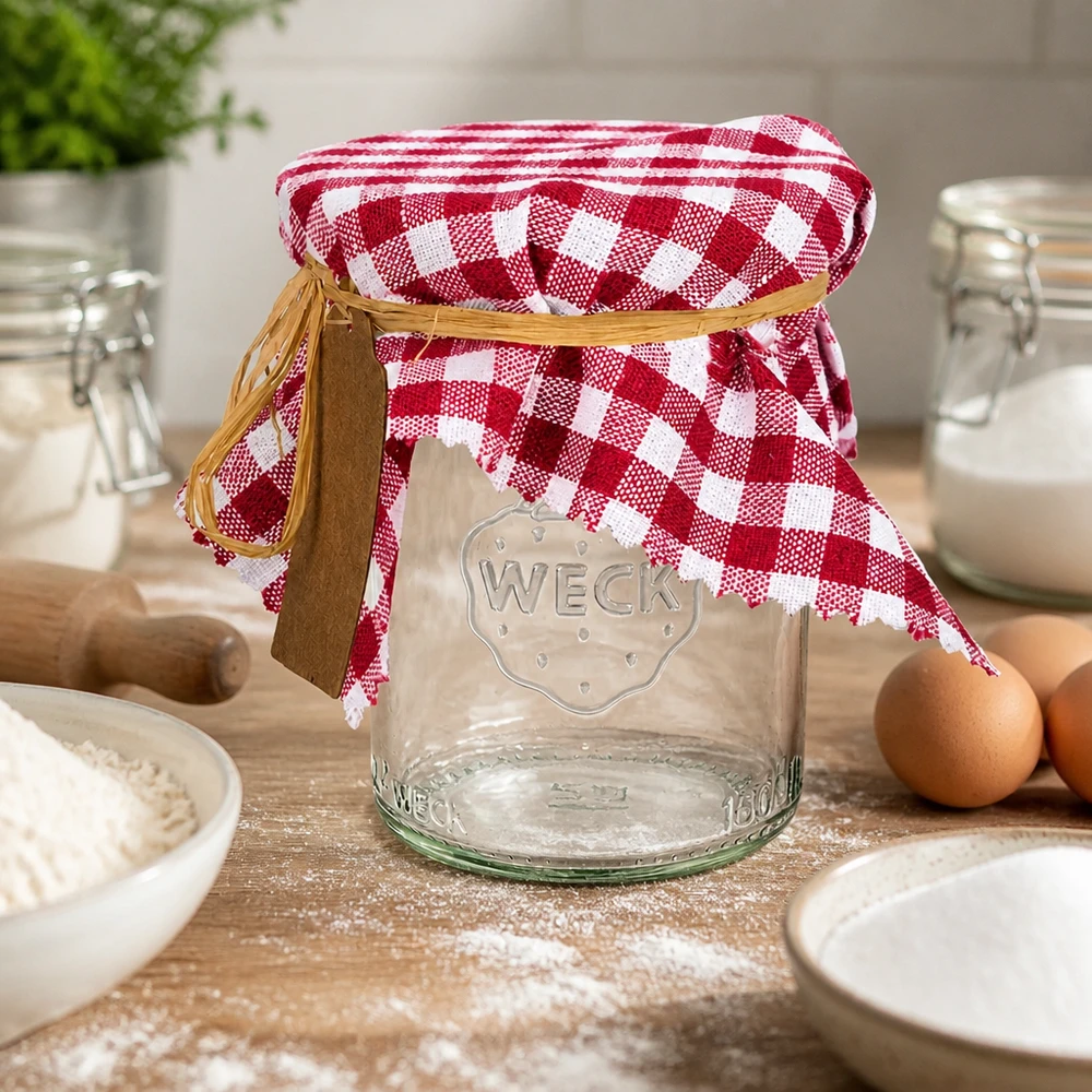 Guardanapo de tecido axadrezado bordeaux de 15 cm num frasco Weck na cozinha com ovos, farinha e utensílios de cozinha como acessórios de pastelaria