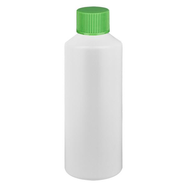 Frasco de farmácia HDPE 100ml branco, com tampa de rosca verde