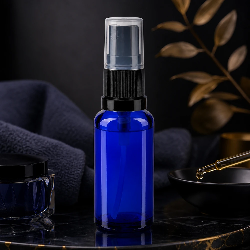 Elegante frasco de farmácia com pulverizador de 30 ml, em azul cobalto, com pulverizador preto sobre um fundo de mármore escuro