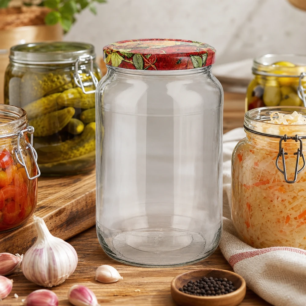 Frasco redondo de 1062 ml vazio cenário de cozinha Tampa BasicSeal decoração de frutas rodeada por frascos de conserva de alho e pimenta tábua de madeira