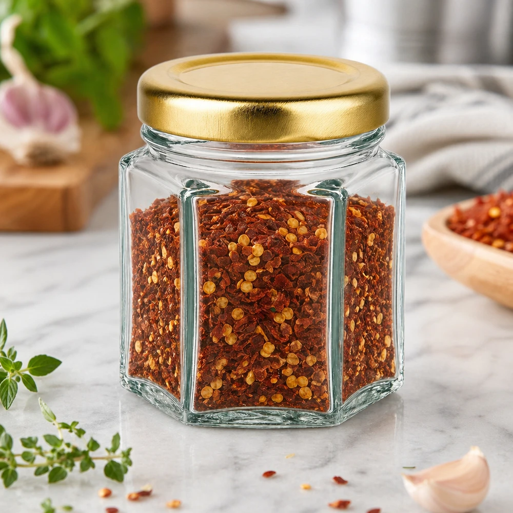 60g Honigglas mit goldenem Deckel BasicSeal UNiTWIST Frasco de mel de 60 g hexagonal cheio de flocos de malagueta sobre mesa de mármore com ervas aromáticas e tampa dourada BasicSeal