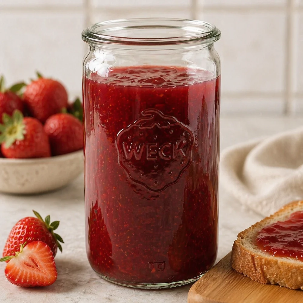 Frasco cilíndrico de vidro WECK RR60 de 340 ml O frasco cilíndrico WECK RR60 de 340 ml cheio de compota de morango mostra a sua utilização prática como frasco de conservação na cozinha