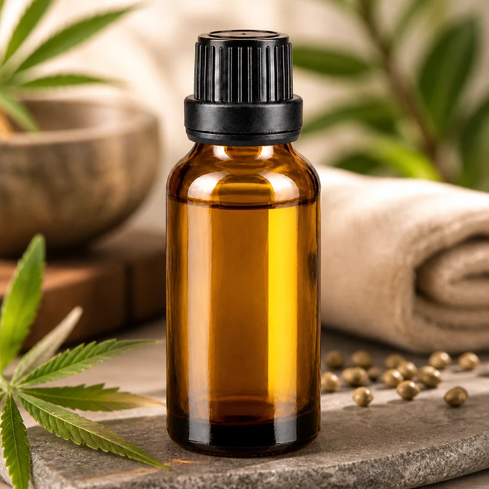 Frasco de farmácia castanho 20ml tampa conta-gotas anel de vazamento 2mm preto fecho inviolável Frasco de vidro âmbar de 20 ml com tampa conta-gotas preta, ao lado de uma folha de canábis e de sementes de cânhamo
