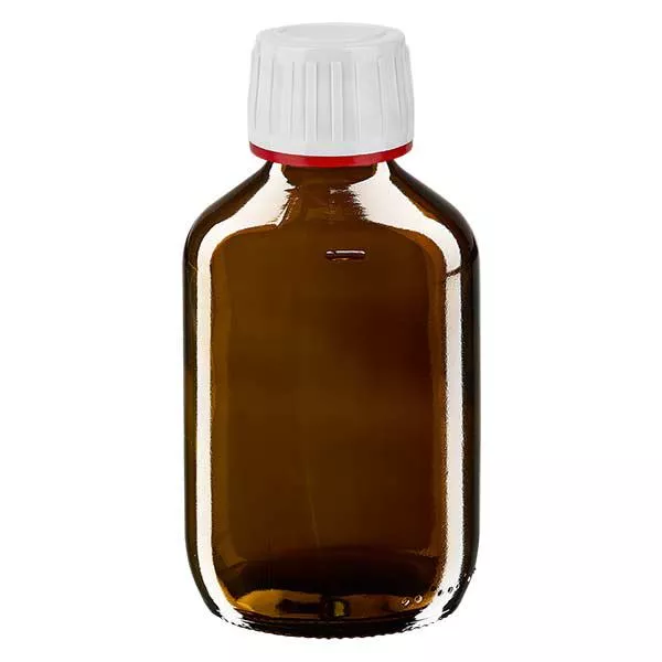 Frasco de medicamento de 200ml castanho, tampa branca com anel inviolável vermelho ApoGlas Frasco de medicamento de 200ml castanho, tampa branca com anel inviolável vermelho ApoGlas