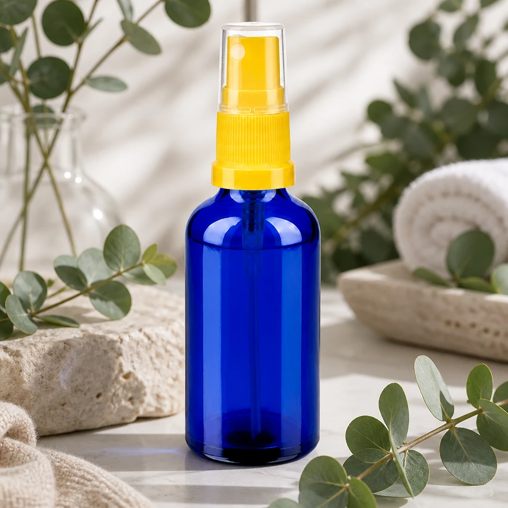 Frasco de spray de vidro de 50 ml de alta qualidade em azul-cobalto brilhante com acessório de spray amarelo ergonómico