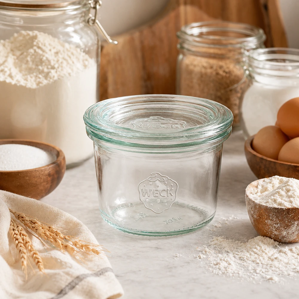 Copos WECK 80ml RR60 na cozinha com ingredientes de pastelaria, farinha, ovos e cereais para guardar e conservar