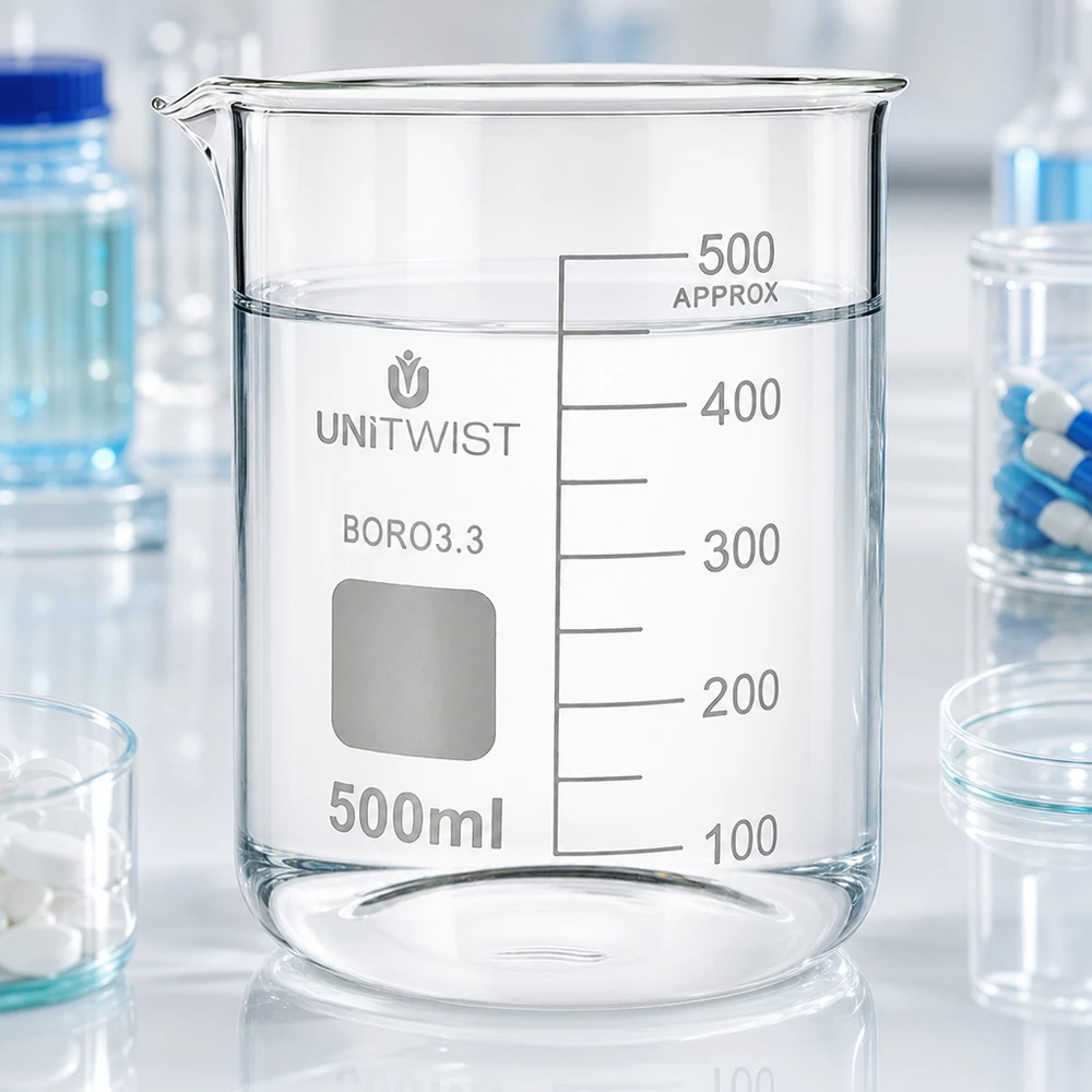 Copo de vidro UNiTWIST de 500 ml, em borossilicato, de formato baixo, com escala transparente, para utilização em laboratório