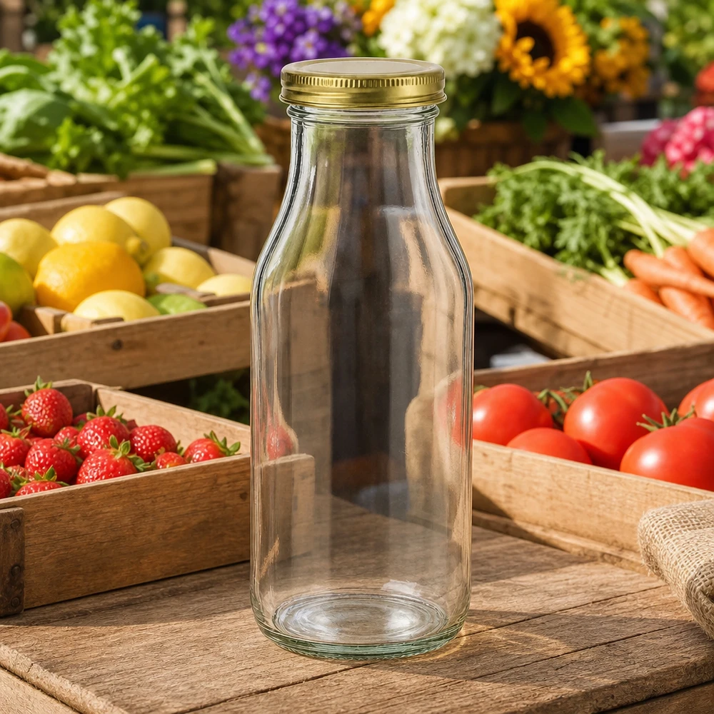 Frasco de 263 ml com tampa dourada UNiTWIST BioSeal Garrafa UNiTWIST263 garrafa de vidro vazia com tampa dourada TO43 BioSeal em cima de uma mesa de madeira entre frutas e legumes frescos