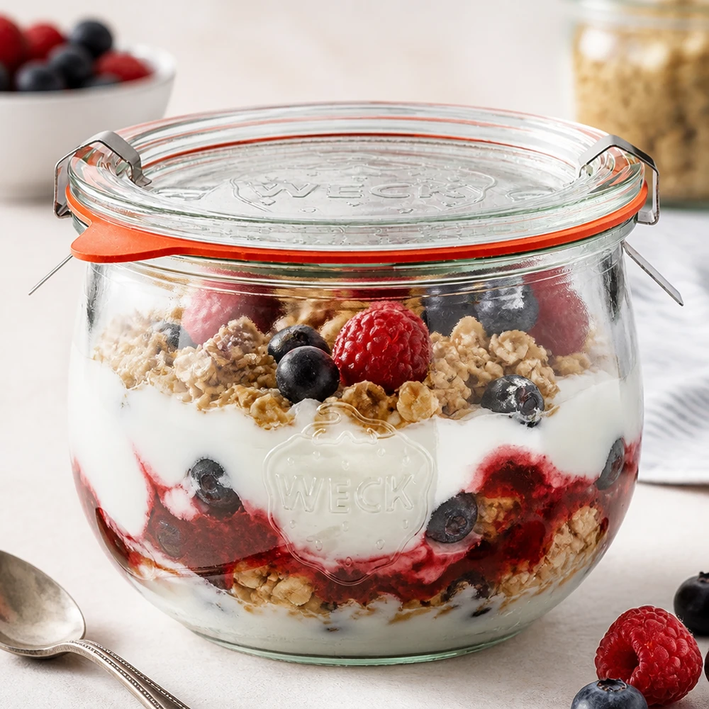 Frasco tulipa WECK 580ml RR100 como frasco de parfait com iogurte, bagas e granola, perfeito para sobremesas e pequeno-almoço