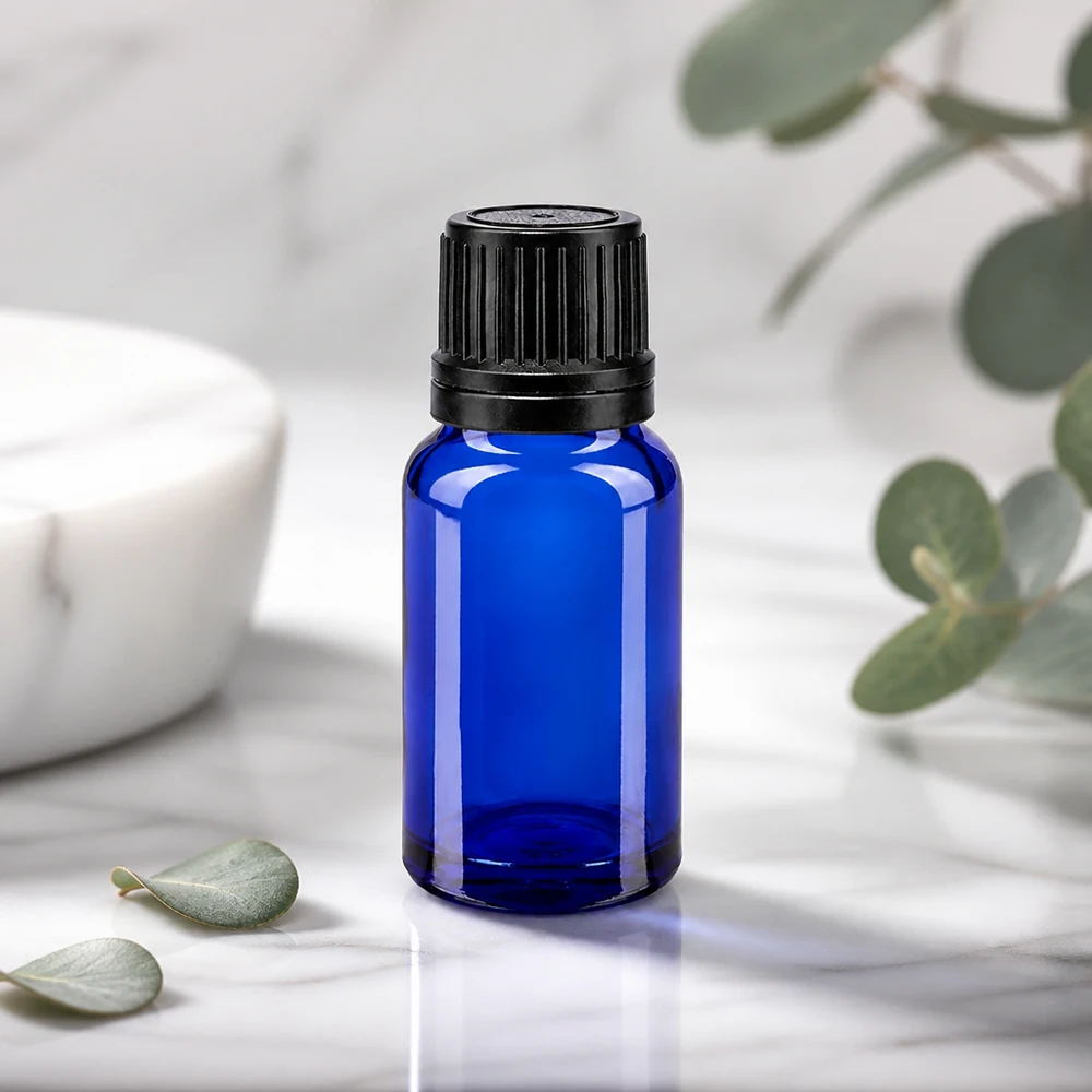 Frasco de farmácia miniatura de 10 ml em azul cobalto com tampa de rosca preta com segurança para crianças