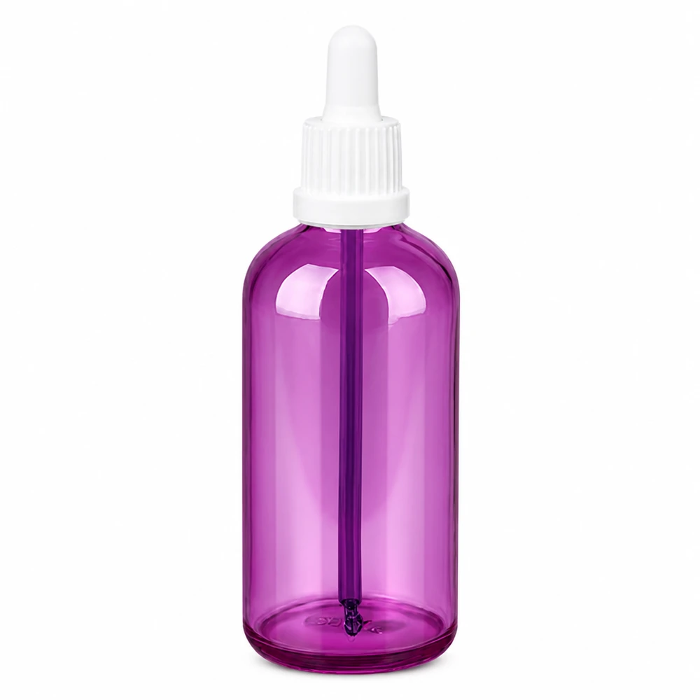 Frasco de 100 ml para pipetas com tampa de rosca branca Originality PurpleLine UT18/100 Frasco pipeta de 100 ml transparente púrpura com tampa branca com conta-gotas para uma dosagem precisa