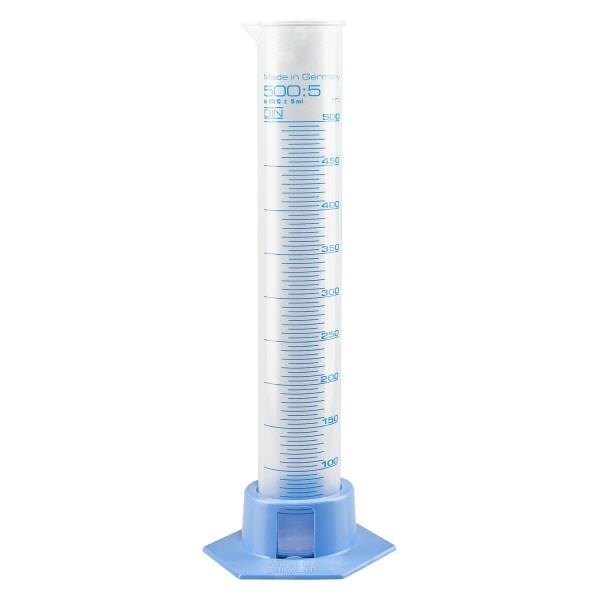 Proveta graduada de 500 ml em polipropileno com base azul clara Proveta graduada de 500 ml em polipropileno com base azul clara
