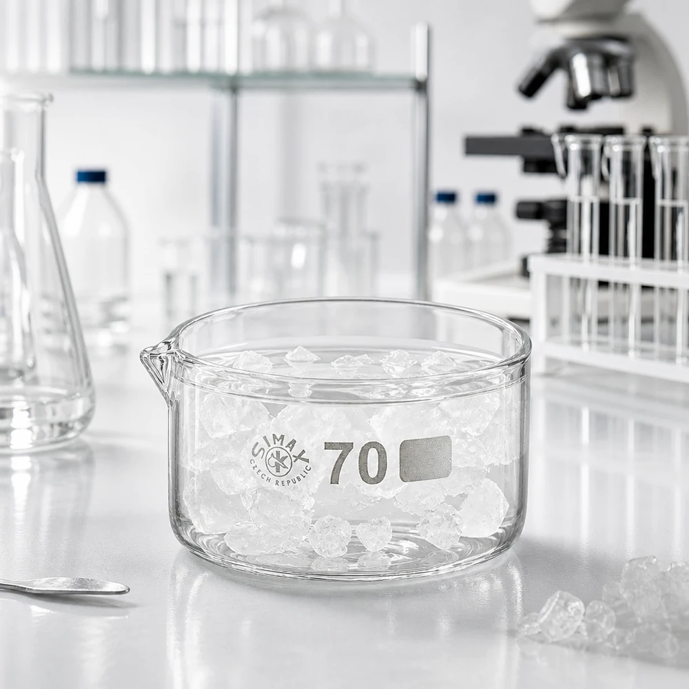 Recipientes planos de vidro de 100 ml cheios de cristais num laboratório, sobre uma bancada branca