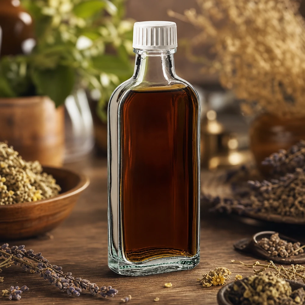 Frasco transparente Meplat de 100 ml com tampa branca, entre ervas secas sobre madeira