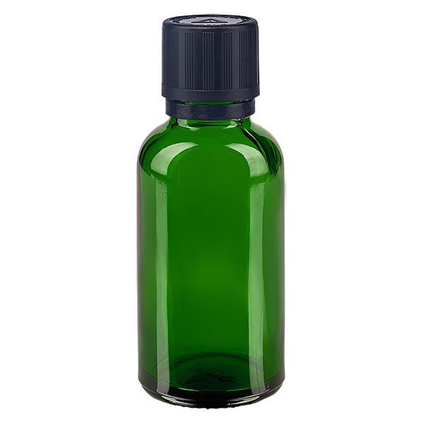 Frasco de farmácia verde 30ml tampa conta-gotas anel de derrame 1mm preto fecho de segurança para crianças símbolo de aviso cego fecho inviolável Frasco de farmácia verde 30ml tampa conta-gotas anel de derrame 1mm preto fecho de segurança para crianças símbolo de aviso cego fecho inviolável