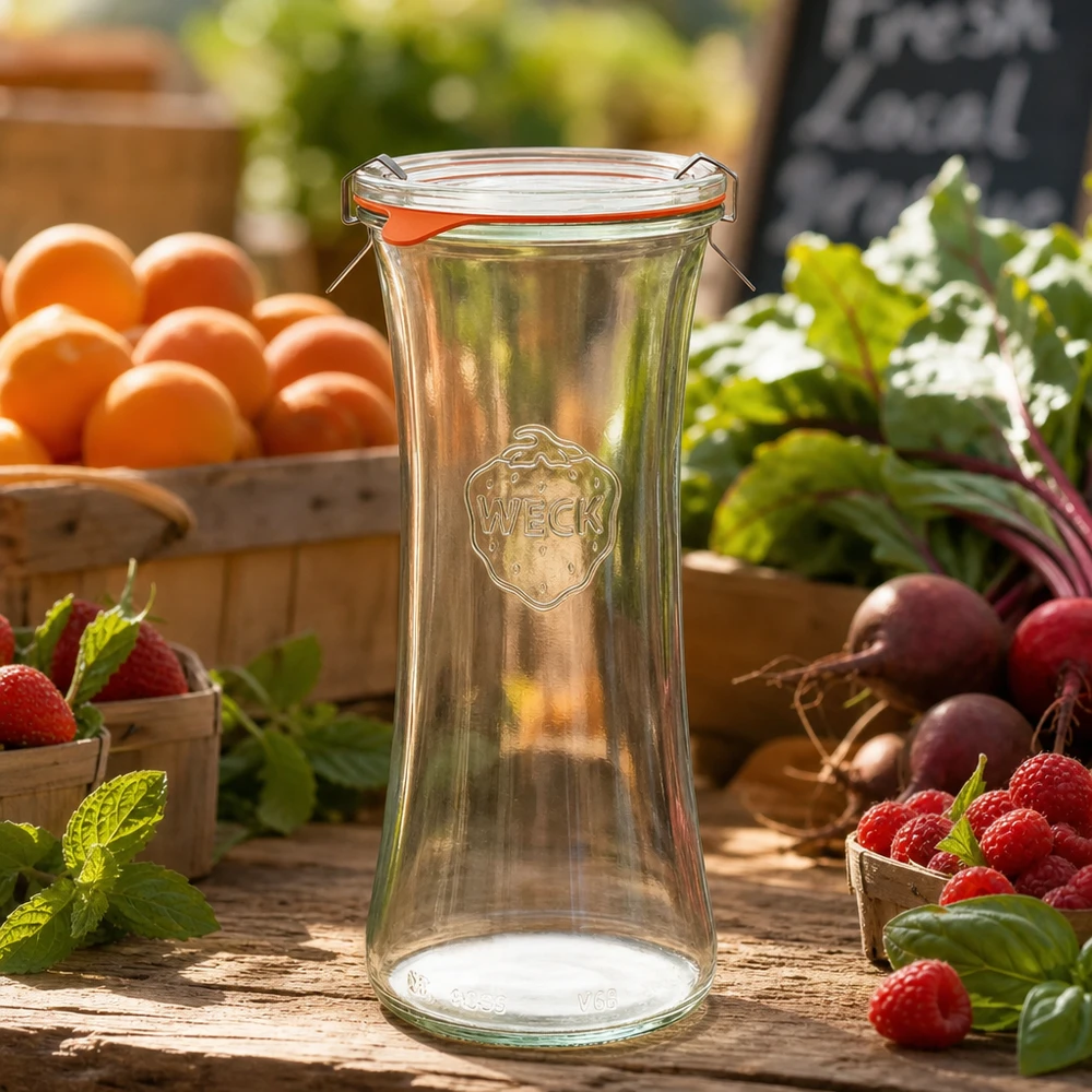 Frasco de charcutaria de 700ml completo WECK RR80 WECK Delikatessenglas 700ml RR80 leer auf Holztisch mit frischen Beeren, Orangen und Gemüse in natürlicher Gartenszene