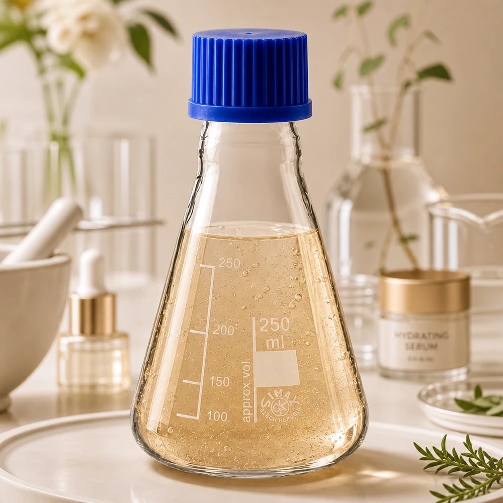 Erlenmeyer 250ml com tampa de rosca Balão Erlenmeyer graduado de 250 ml com escala em mililitros e tampa azul para determinação exacta do volume