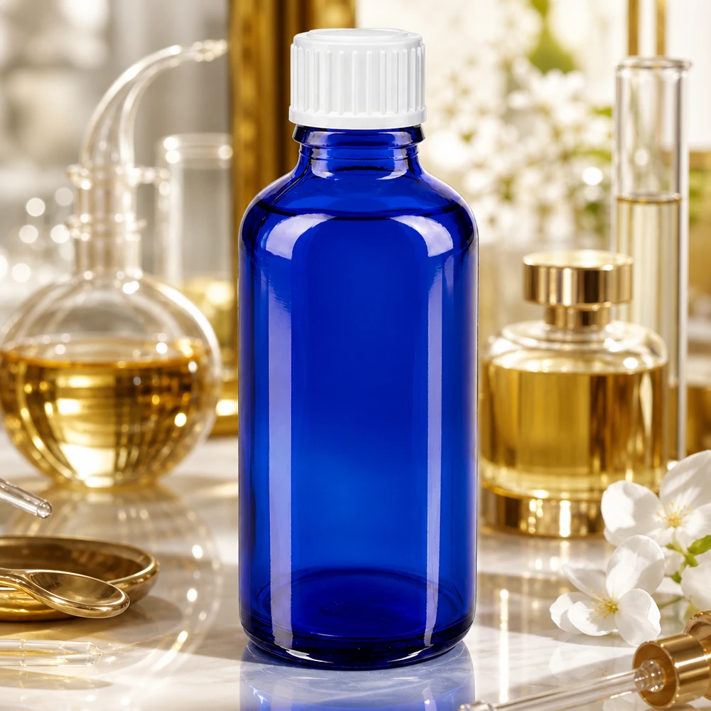 Frasco de vidro azul de 50 ml com tampa de rosca branca, entre instrumentos de laboratório dourados