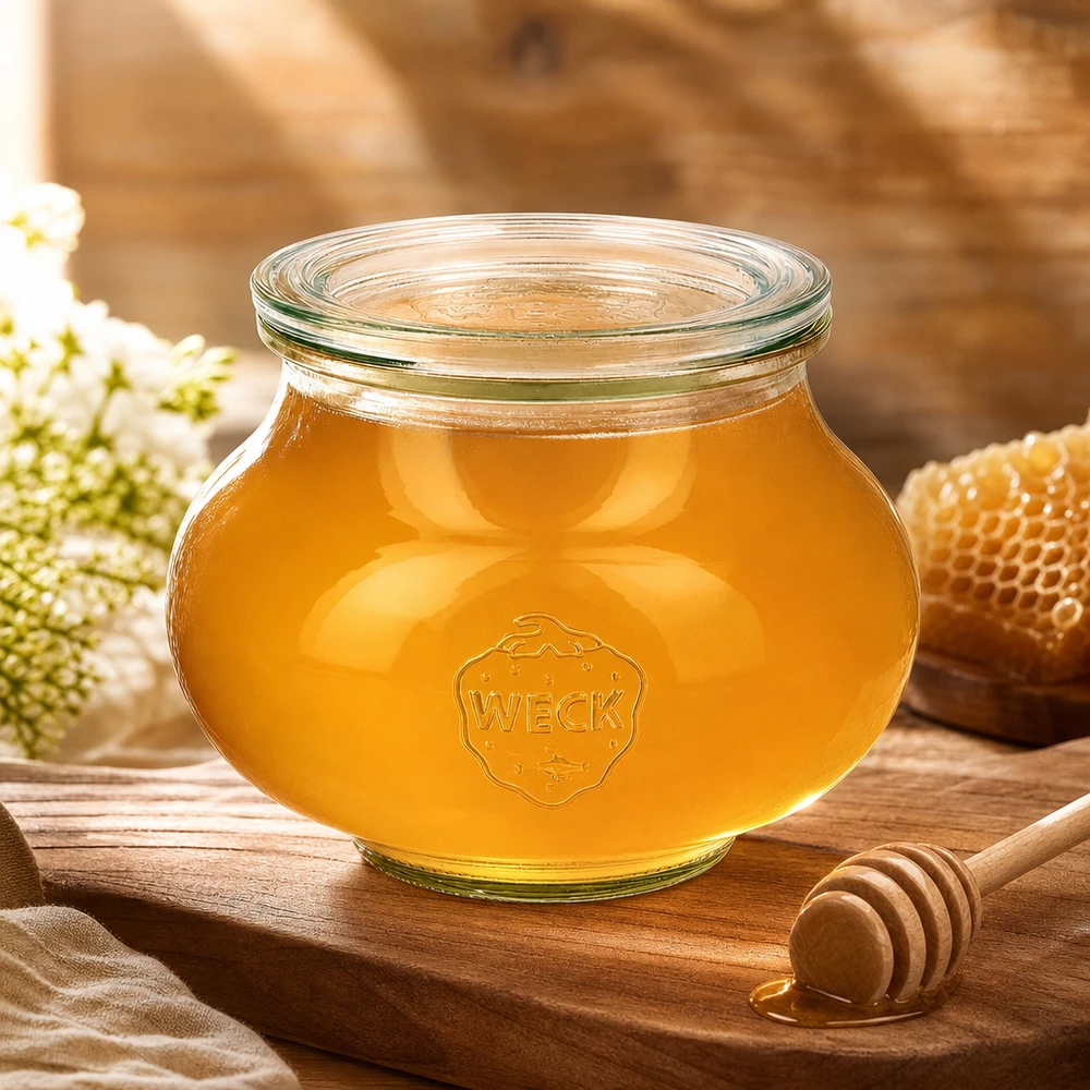 Frasco de jóias WECK 560ml RR80 cheio de mel ao lado de uma colher de mel, favo de mel e flores brancas numa tábua de madeira
