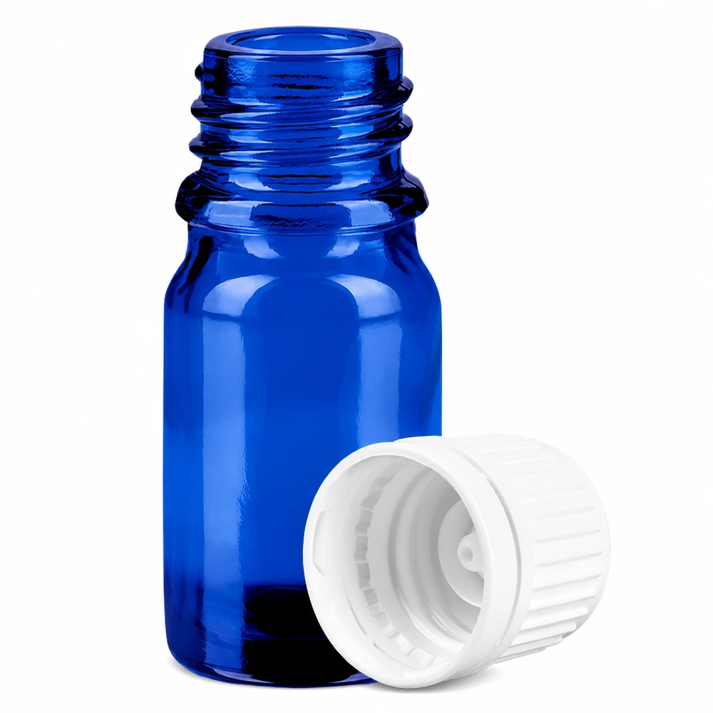 Pequeno frasco de vidro azul de 5 ml com rosca de 11 mm e tampa branca para aromaterapia