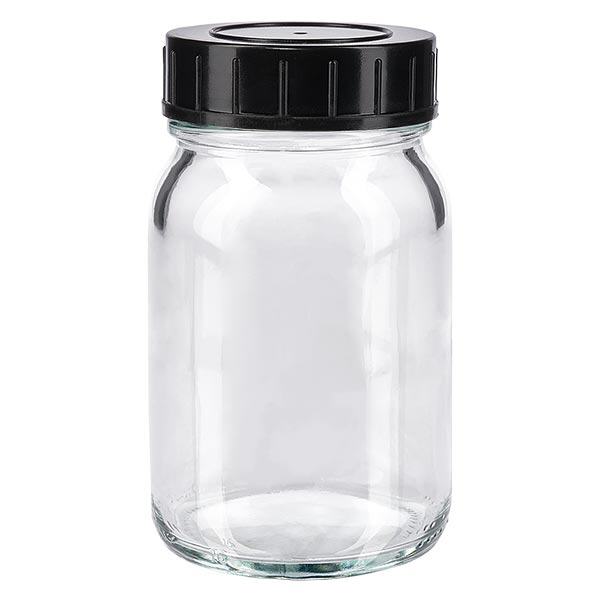 Garrafa de 200ml com gargalo largo, vidro transparente e tampa de rosca