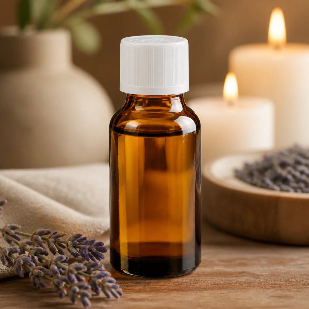 Frasco compacto de vidro castanho de 20 ml com tampa de rosca branca e segurança para crianças, ao lado de flores de lavanda