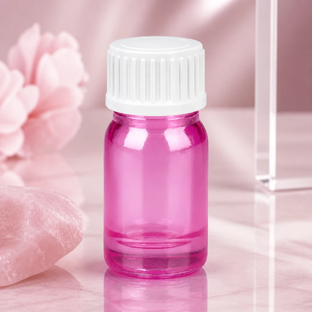 Frasco de vidro compacto de 5 ml em cor-de-rosa com tampa branca para aromaterapia móvel e viagens
