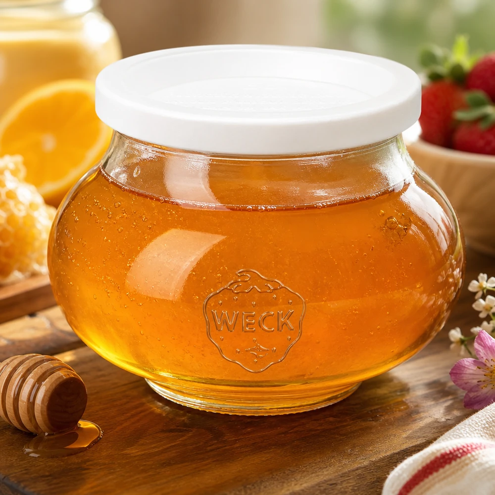 Frasco de mel WECK 560ml RR80 cheio de mel e colher de mel numa tábua de madeira rústica com rodelas de laranja