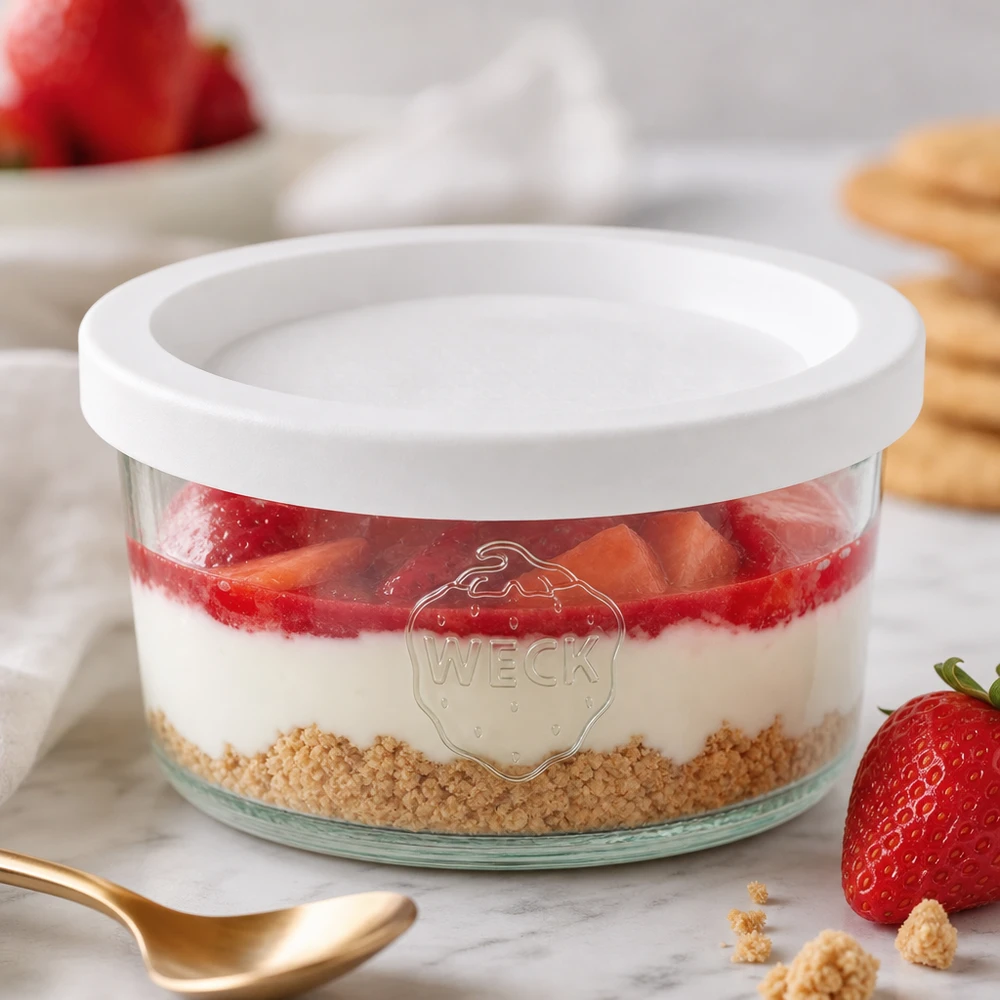 Copos WECK RR80 de 165 ml como taça de sobremesa com morangos e base de biscoito junto a uma colher dourada sobre mármore