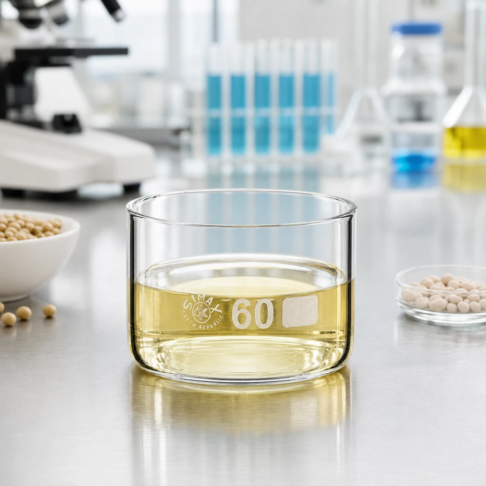Cápsula de cristalização de 60ml sem bico em borosilicato ø60mm Recipiente de cristalização de 60 ml com uma solução amarelada no laboratório de investigação, ao lado de extratos de soja