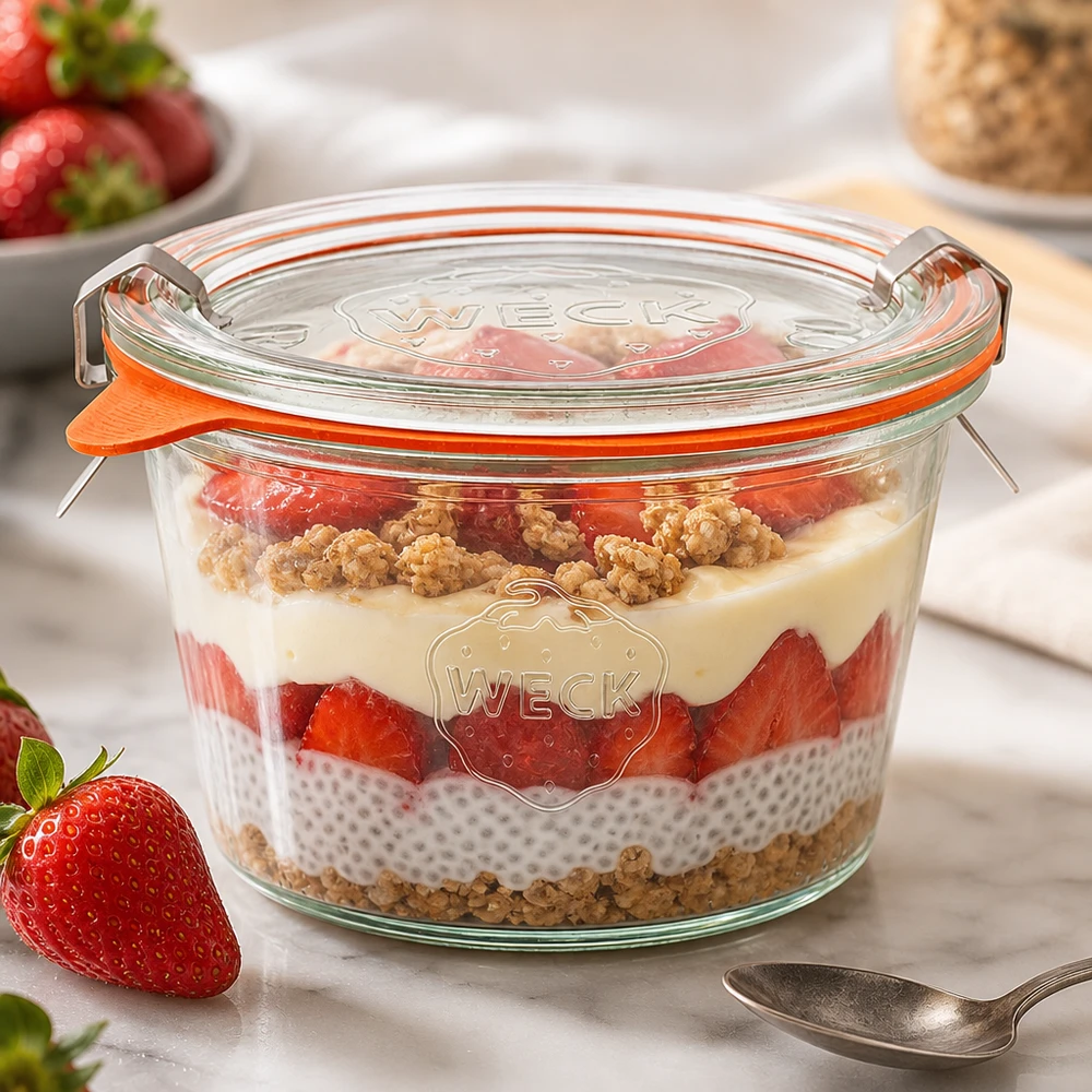 Os copos WECK de 370 ml RR100 com sobremesa em camadas de pudim de chia e morangos mostram a sua utilização versátil como frasco para doses