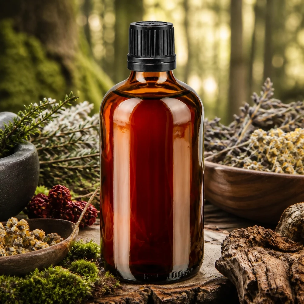 Frasco conta-gotas de vidro castanho de 100 ml com tampa OV preta, rodeado por ervas silvestres e materiais naturais