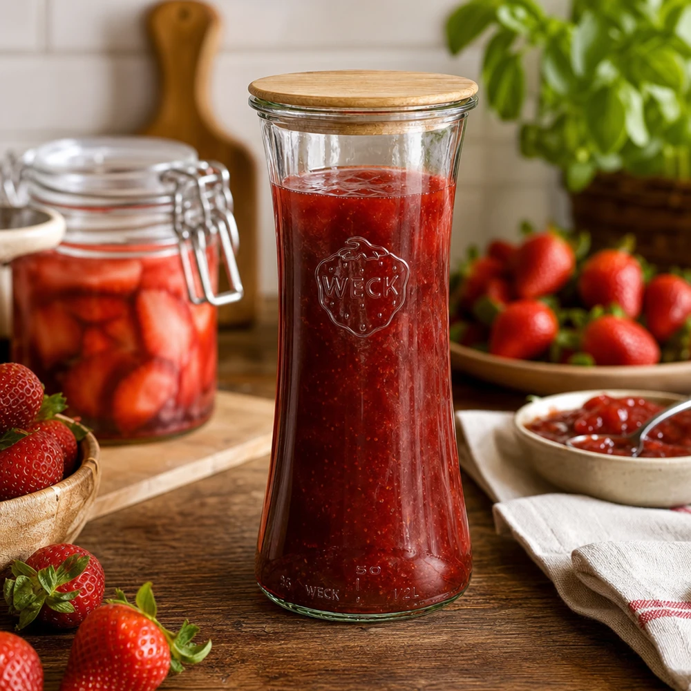 Frasco de vidro WECK 700ml com tampa de bambu cheio de compota de morango cena de cozinha armazenamento de conservação