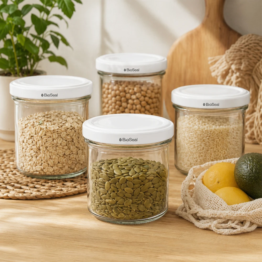 Copos de vidro de 125 ml com tampa BioSeal branca UNiTWIST Conjunto de frascos de armazenamento UNiTWIST de 125 ml para legumes, frutos secos e cereais TO66 com tampa BioSeal para cozinha