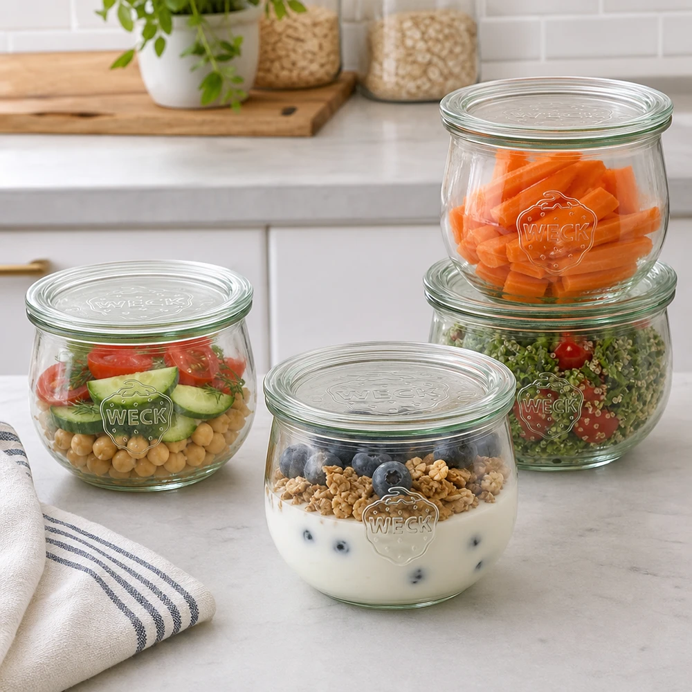 Os frascos tulipa WECK de 580 ml RR100 são recipientes práticos para preparar refeições com salada, iogurte e legumes na cozinha moderna