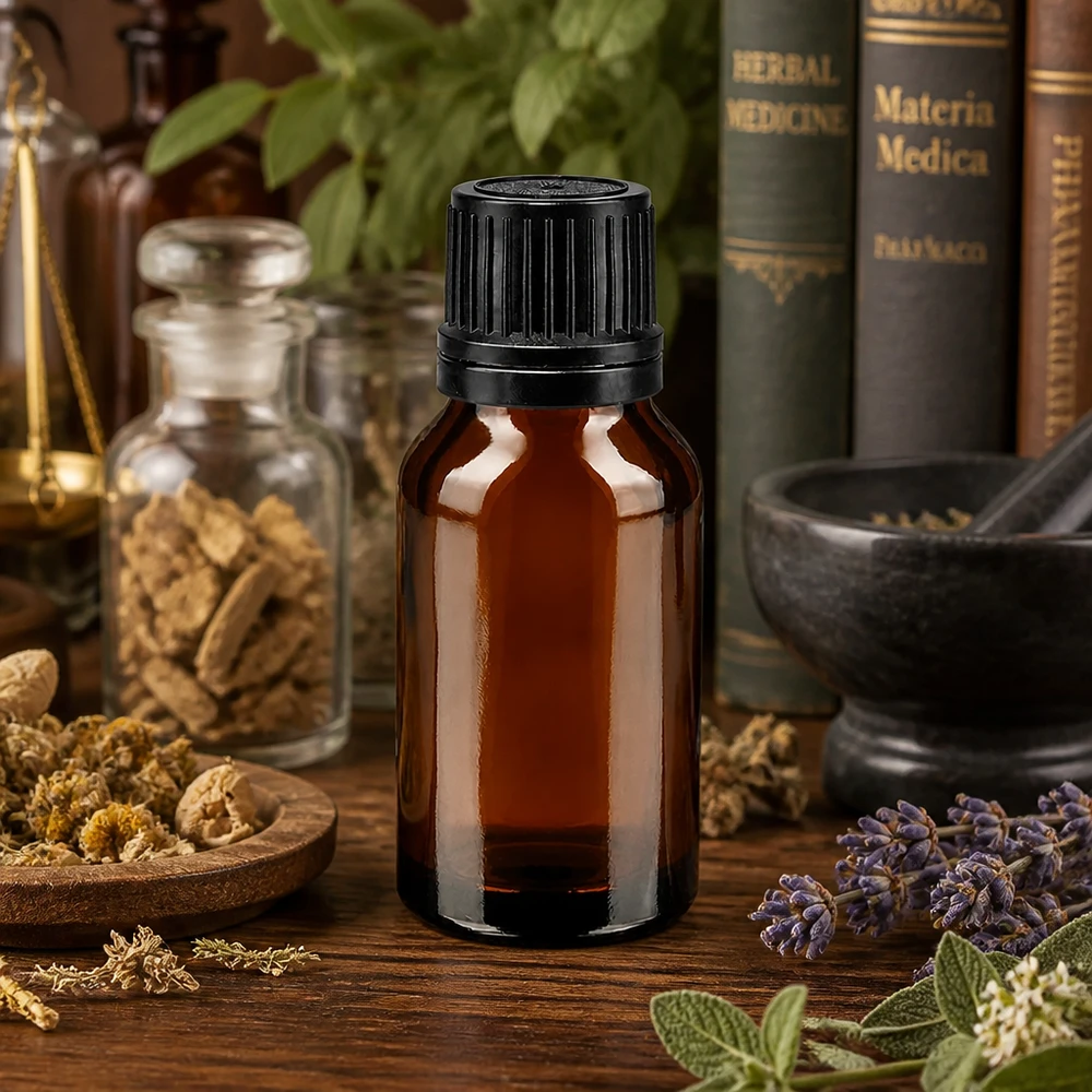 Frasco de farmácia castanho de 15 ml com tampa de rosca, entre ervas medicinais, lavanda e livros de Matéria Médica