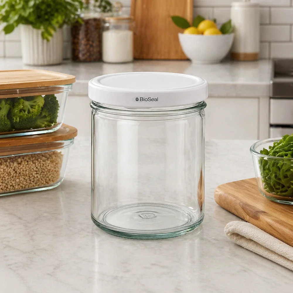 Copos de vidro de 167 ml com tampa BioSeal branca UNiTWIST Frasco de arrumação UNiTWIST 167 ml vazio na bancada da cozinha com tampa TO66 BioSeal branca Recipiente de vidro para arrumação