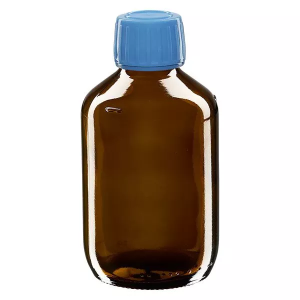Frasco de medicamento de 200ml marrom, tampa azul com anel inviolável ApoGlas Frasco de medicamento de 200ml marrom, tampa azul com anel inviolável ApoGlas