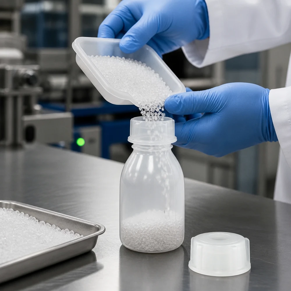 Um técnico de laboratório enche um frasco de gargalo estreito com tampa de rosca, de 10 ml, com grânulos de plástico brancos, usando uma luva azul