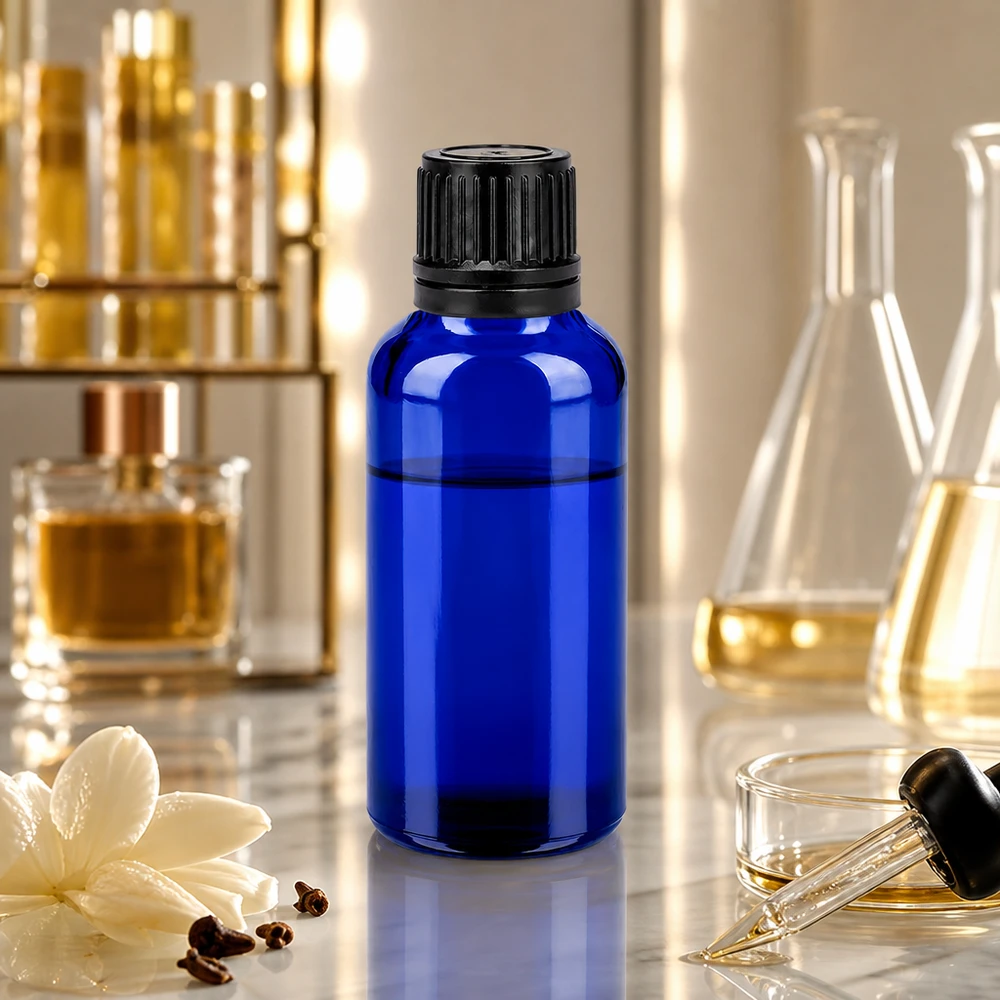Pequeno frasco de farmácia de 30 ml em vidro azul com proteção UV para aplicações laboratoriais
