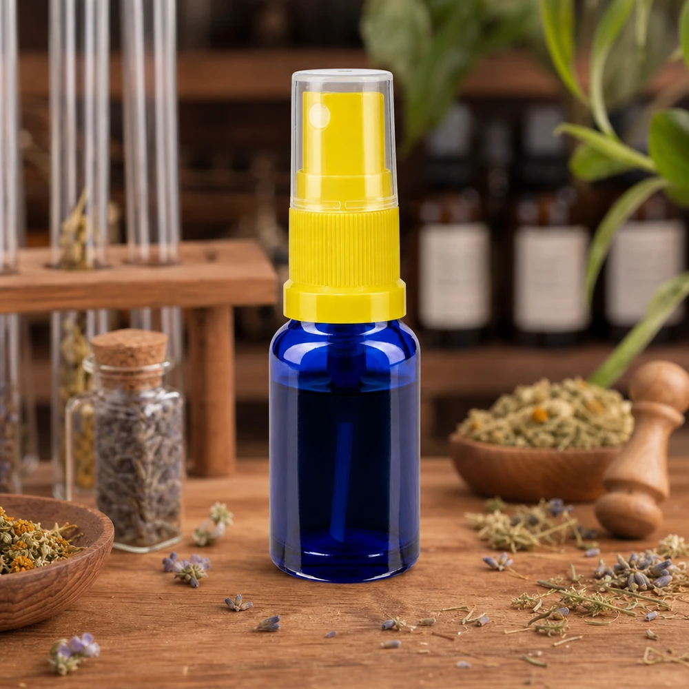 Apothekenflasche blau 30ml Sprayaufsatz gelb Frasco azul de farmácia de 30 ml com pulverizador amarelo, entre ervas secas e plantas medicinais