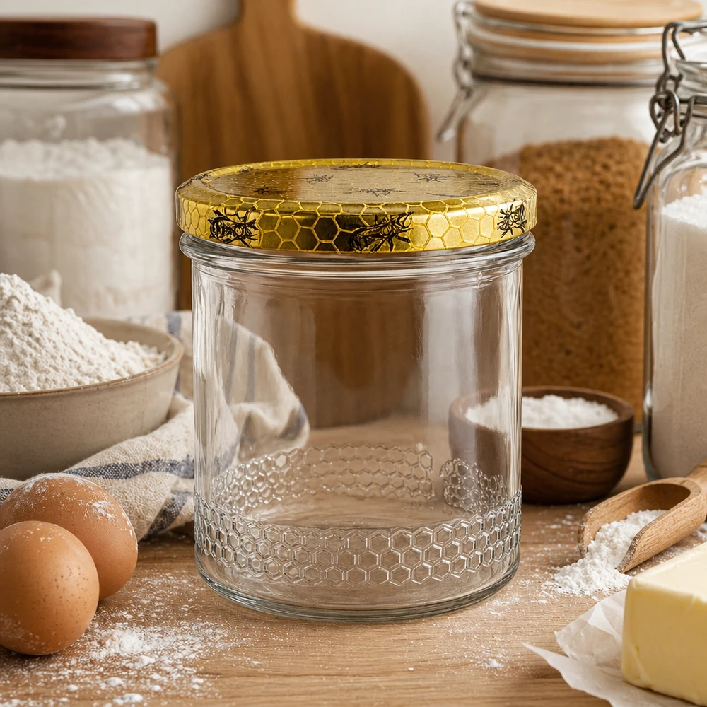 Frasco de mel vazio de 400 ml com tampa dourada em forma de favo de mel na cozinha rústica, ingredientes para pastelaria e ovos para apicultura