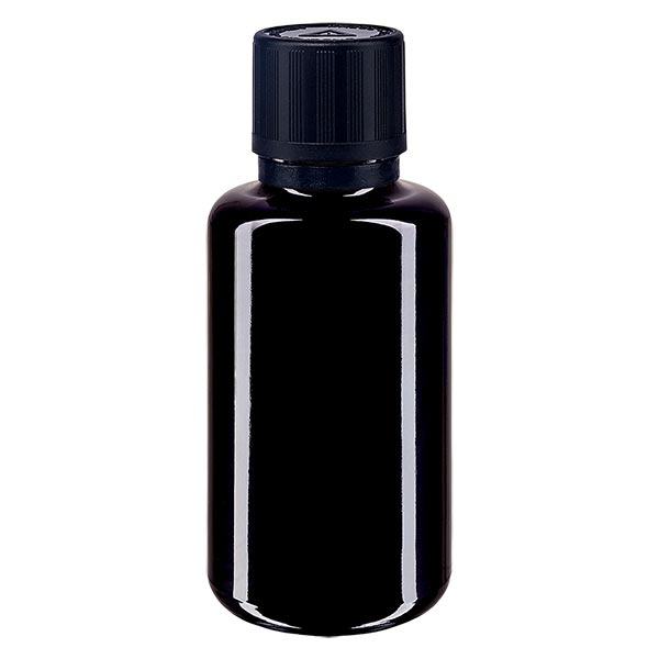 Frasco de farmácia violeta 30ml tampa do conta-gotas anel de vazamento 1mm preto resistente a crianças símbolo inviolável tampa inviolável