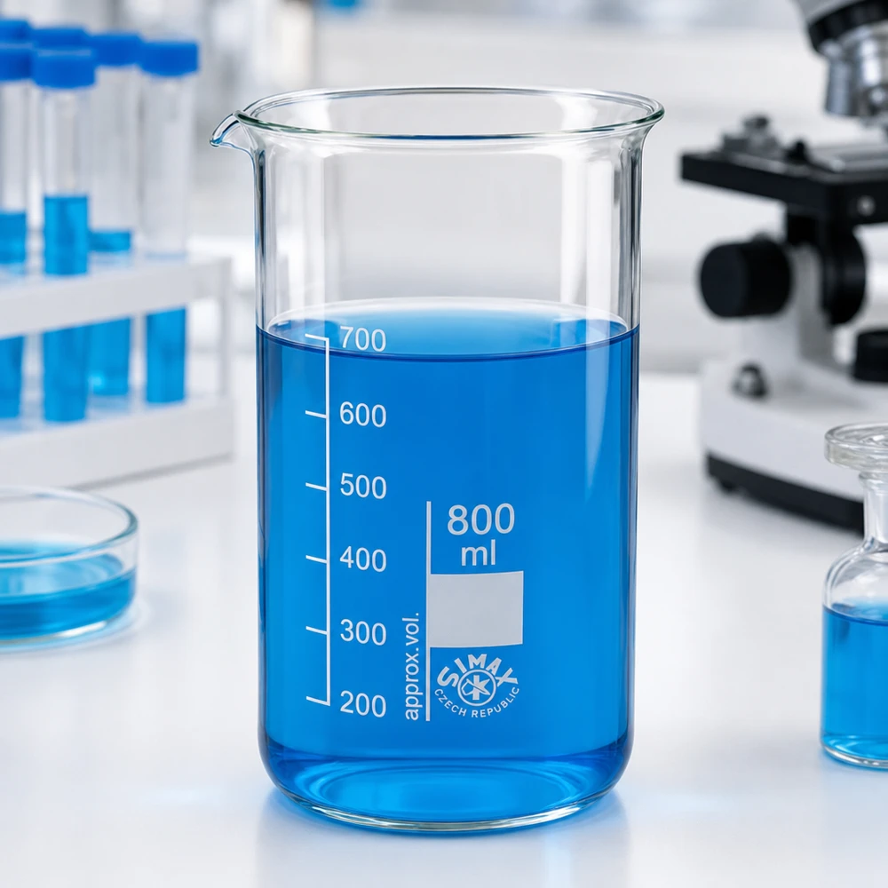Copo de vidro vazio de 800 ml, de formato alto, em vidro borossilicato, com um líquido azul no laboratório