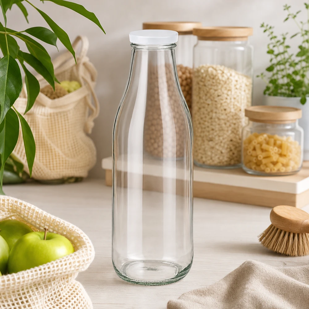 Garrafa de vidro de 1000 ml vazia com tampa BasicSeal branca cozinha sustentável estilo de vida zero desperdício armazenamento