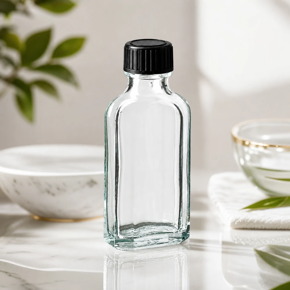 Frasco de vidro retangular de 50 ml, modelo Meplat transparente, com tampa de rosca preta, sobre uma superfície de mármore