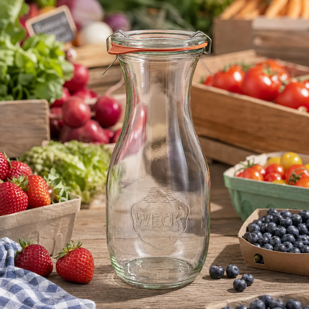 Garrafa para sumo de 530 ml completa WECK RR60 Garrafa de sumo WECK 530ml RR60 vazia com tampa basculante entre frutas e legumes frescos numa mesa de madeira