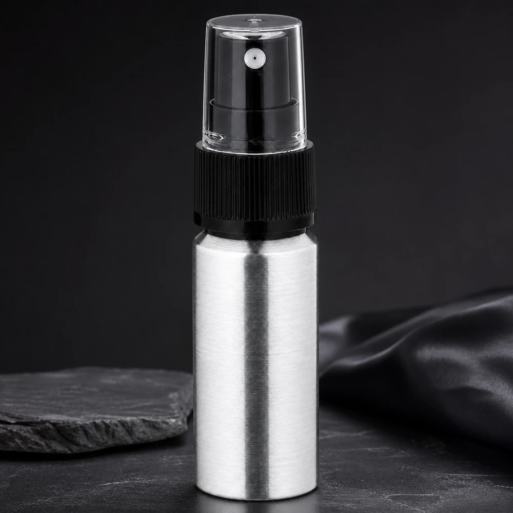 Frasco de alumínio polido de 20ml com nebulizador Frasco de alumínio prateado de 20 ml com cabeça de pulverização transparente para aplicações móveis